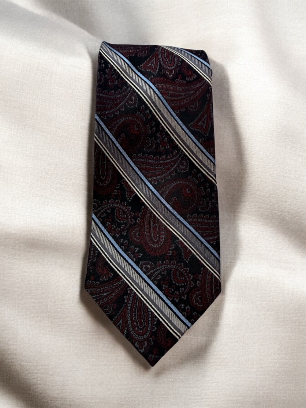 Pronto Uomo Paisley Stripe Silk Blend Neck Tie Burgundy Blue